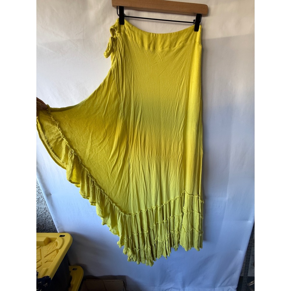 Free People Chartreuse Yellow Ruffle Wrap Maxi Skirt Boho Gauze XS - Picture 5 of 7